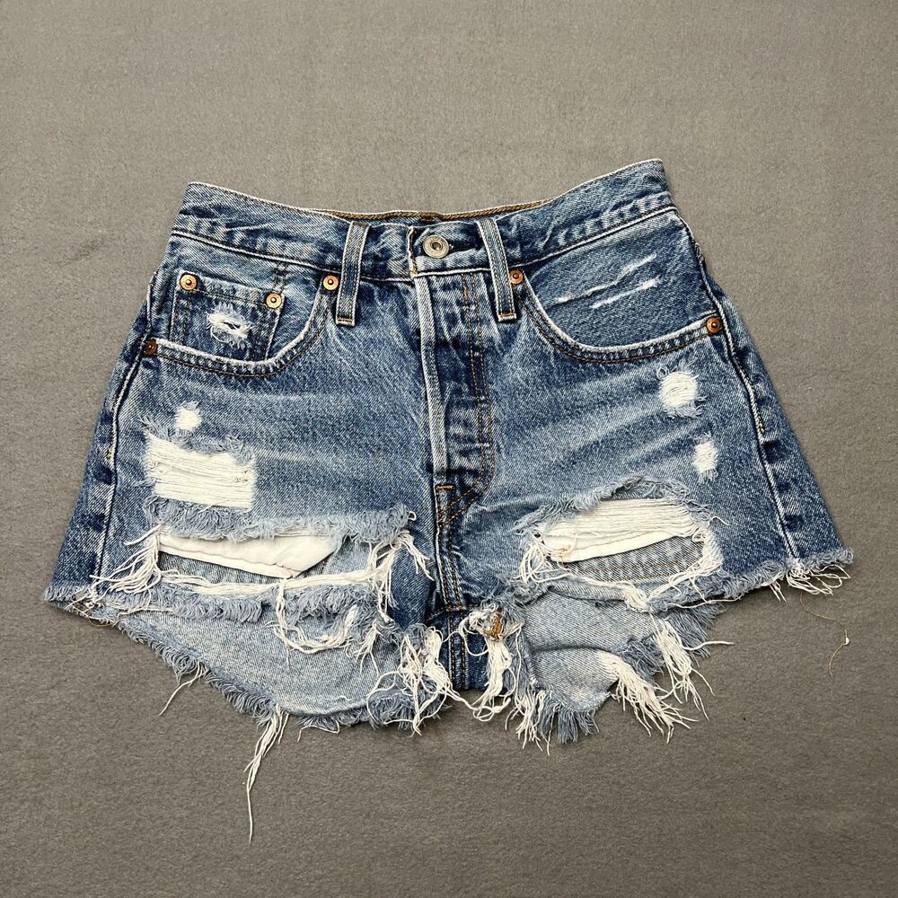 Levi's 501 Original Cut Off Shorts Women's 24 Blue Denim Distressed Frayed Hem